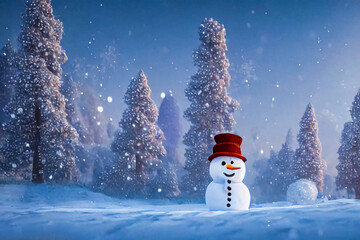 Snowy winter with a snowman.