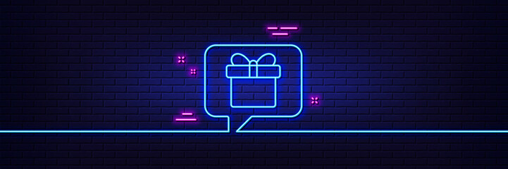 Neon light glow effect. Dreaming of Gift line icon. Present box sign. Birthday Shopping symbol. Package in Gift Wrap. 3d line neon glow icon. Brick wall banner. Wish list outline. Vector