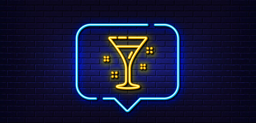 Neon light speech bubble. Cocktail glass line icon. Martini drink sign. Hotel service symbol. Neon light background. Cocktail glow line. Brick wall banner. Vector