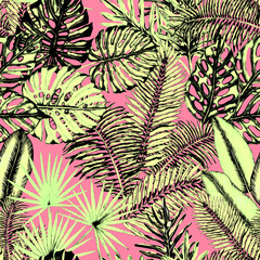 Naklejka na ściany i meble Watercolor seamless pattern with tropical leaves. Beautiful allover print with hand drawn exotic plants. Swimwear botanical design. 