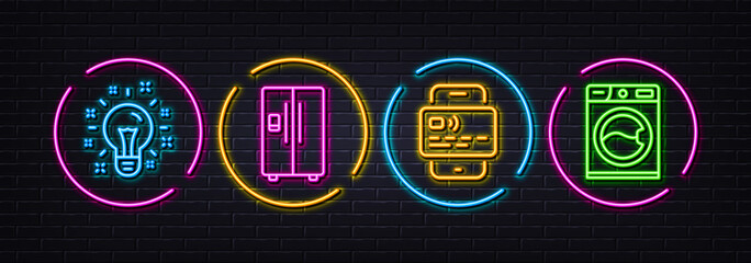 Card, Refrigerator and Idea minimal line icons. Neon laser 3d lights. Washing machine icons. For web, application, printing. Mobile payment, Fridge ice maker, Creativity. Laundry service. Vector