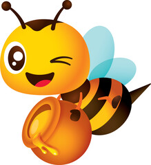 Cartoon cute bee carrying honey pot for delivery. Happy bee character illustration	