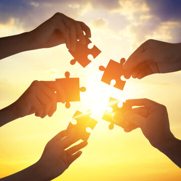 Five hands holding the jigsaw from at sunset. Concept of teamwork business idea.