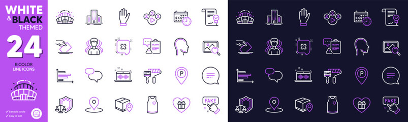 Group, Romantic gift and Arena stadium line icons for website, printing. Collection of Justice scales, Text message, Reject icons. Parking, T-shirt, Head web elements. Music making. Vector