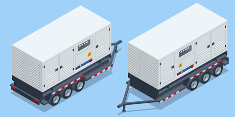 Isometric Generator trailer, Industrial Power Generators isolated on white background 3d vector illustration. Industrial Diesel Generator. Standby generator. - obrazy, fototapety, plakaty