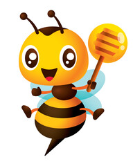 Cartoon cute smiling bee cartoon holding honey dipper with fresh honey on it. Bee character open legs wider with sharp bee stinger	
