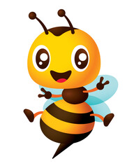 Cartoon cute happy honey bee character showing victory hand signs with big smile mascot illustration