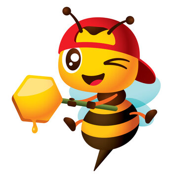 recommend clip art: Cartoon cute winking eye bee wearing red snapback cap with hand holding honey comb shaped signage. Honey dripping from honey comb illustration	