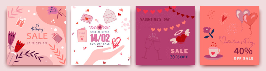 Set of discount cards for Valentines Day. Hand-drawn romantic inscription. Holiday design, greeting cards, discounts, gift card.Vintage background for Valentine s Day. Vector illustration. EPS 10