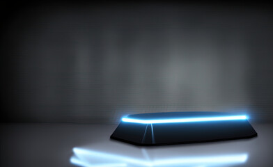 Futuristic dark podium with light and reflection background