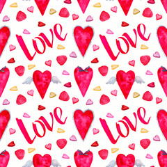 Seamless pattern on white background Valentine's day, birthday, mother's day, wedding. Vintage hearts, lettering LOVE, raspberries and candies. Design for wallpaper, packaging, wrapper, fabric.