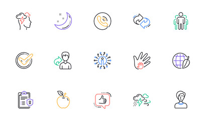 Check mark, Sharing economy and Mindfulness stress line icons. Privacy Policy, Social Responsibility. Linear icon set. Bicolor outline web elements. Vector