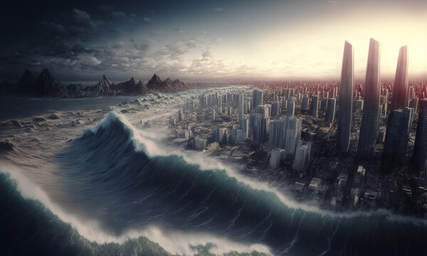 Huge tsunami destroying a city. Dramatic scenery with a big wave flooding the lanscape. Natural disaster concept art. Generative ai