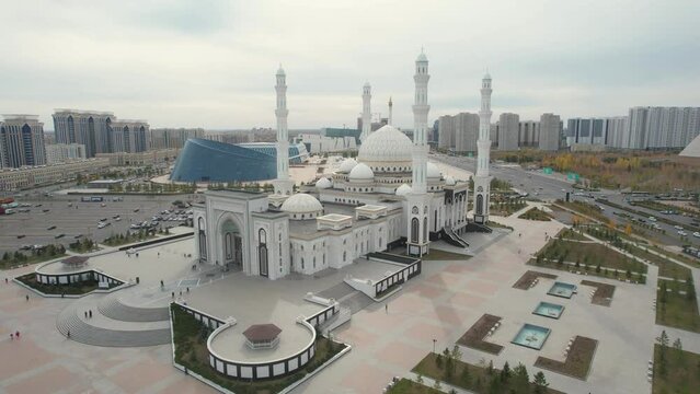 October 15, 2022 Astana, Republic of Kazakhstan: Landmark of the city Nur-Astana Mosque aerial shot from a drone