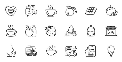 Outline set of Bread, Coffeepot and Food delivery line icons for web application. Talk, information, delivery truck outline icon. Include Food order, Coffee cup, Cappuccino icons. Vector