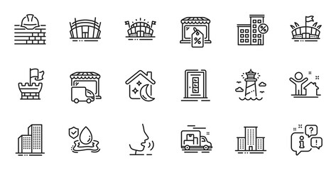 Outline set of Arena, Sleep and New house line icons for web application. Talk, information, delivery truck outline icon. Include Skyscraper buildings, Arena stadium, Loan house icons. Vector