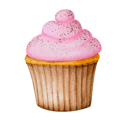 Watercolor cupcake. Clipart for the design of cards, invitations, menus, logos, labels, stationery. Element for Valentine's Day, birthday, mother's day, wedding, children's party, anniversaries.
