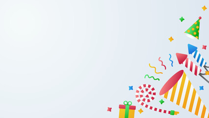 Party Illustration vector Graphic blue background, gift boxes, firecrackers, and  trumpet with copy space © Aat