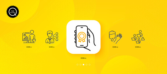 Fototapeta na wymiar Blood, Award app and Third party minimal line icons. Yellow abstract background. Teacher, Teamwork icons. For web, application, printing. Donor hand, Smartphone certification, Team leader. Vector