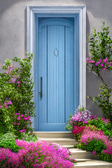 Beautiful door, stone wall in flowers.