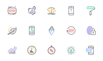 Mobile finance, Fastpass and Fireworks explosion line icons for website, printing. Collection of Demand curve, Phone password, Travel compass icons. Statistics timer, Ice cream. Vector