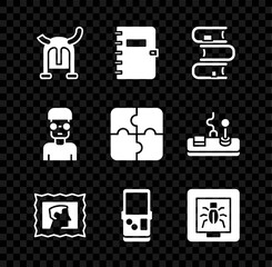 Set Viking in horned helmet, Spiral notebook, Book, Postal stamp, Tetris, Insects frame, Nerd geek and Piece of puzzle icon. Vector