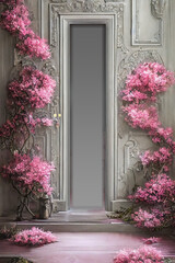 Beautiful door, stone wall in flowers.