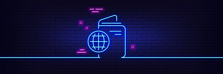 Neon light glow effect. Travel passport line icon. Trip id document cover sign. Abroad holidays symbol. 3d line neon glow icon. Brick wall banner. Travel passport outline. Vector