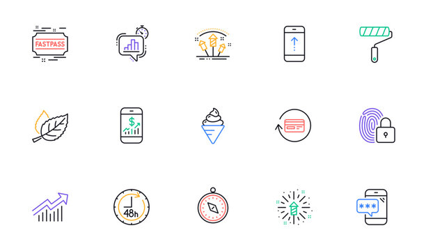 Mobile finance, Fastpass and Fireworks explosion line icons for website, printing. Collection of Demand curve, Phone password, Travel compass icons. Statistics timer, Ice cream. Vector