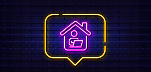 Neon light speech bubble. Work at home line icon. Outsource job sign. Remote office employee symbol. Neon light background. Work home glow line. Brick wall banner. Vector