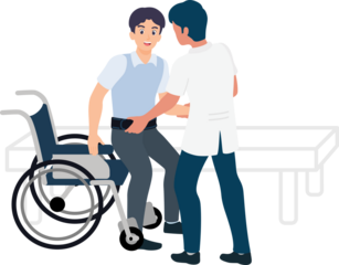 Occupational therapist transfer disabled patient from bed to wheelchair. Medical and rehabilitation healthcare concept.