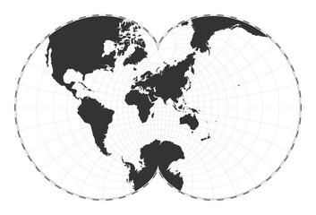 Vector world map. Eisenlohr conformal projection. Plain world geographical map with latitude and longitude lines. Centered to 60deg W longitude. Vector illustration.