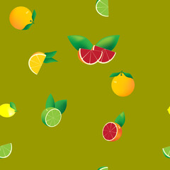 Citrus pattern of halves and segments of lime, lemon, grapefruit and orange fruits.