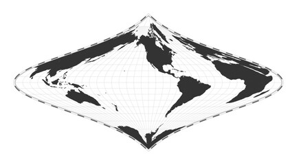 Vector world map. Foucault's stereographic equivalent projection. Plain world geographical map with latitude and longitude lines. Centered at 120 degrees E longitude. Vector illustration.