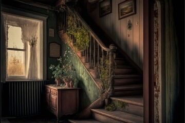 a painting of a staircase with a plant on the side of it and a window in the background with a curtained window behind it and a wooden cabinet with a plant on the side.