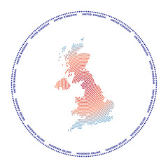 United Kingdom round logo. Digital style shape of the United Kingdom in a dotted circle with the country name. Tech icon of the country with gradient dots. Powerful vector illustration.