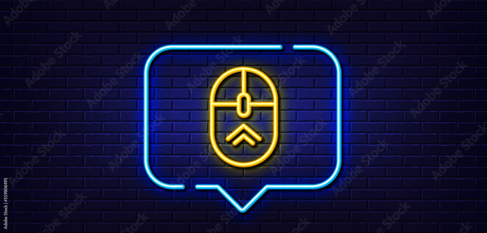 Poster neon light speech bubble. swipe up mouse line icon. scrolling arrow sign. landing page scroll symbol