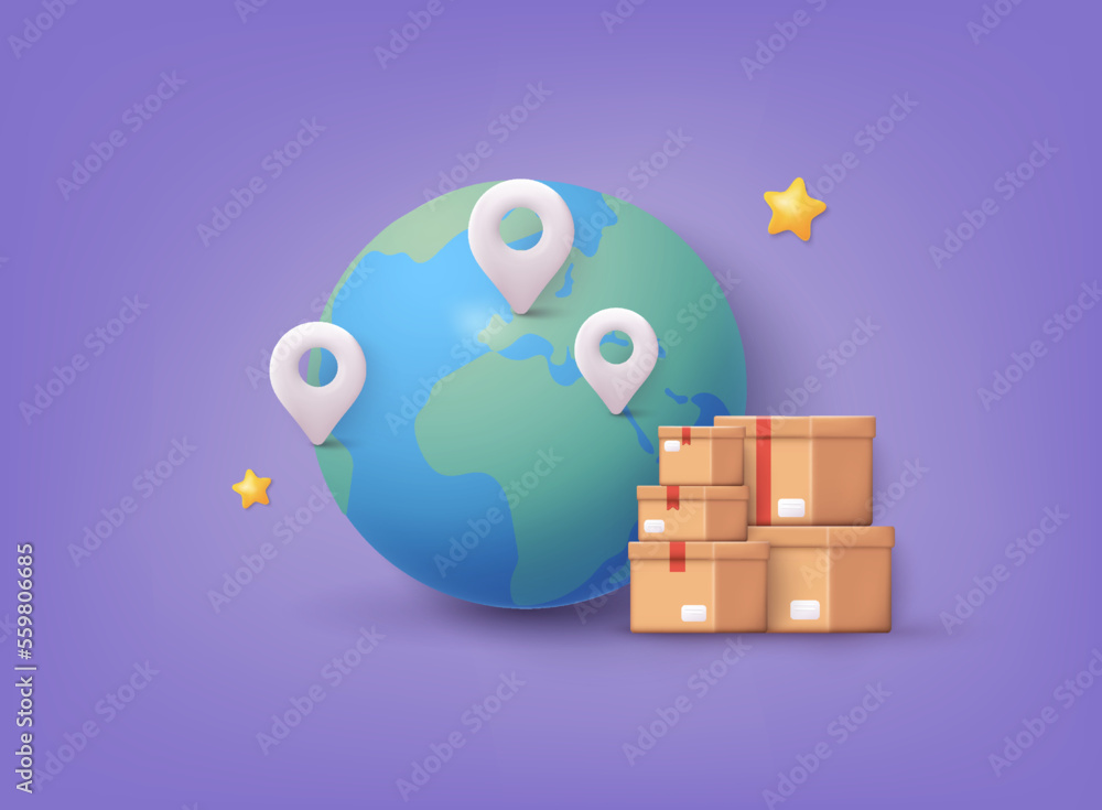 Aufkleber pile of stacked sealed goods cardboard boxes. map with delivery tracking. gps navigator pointer. 3d 