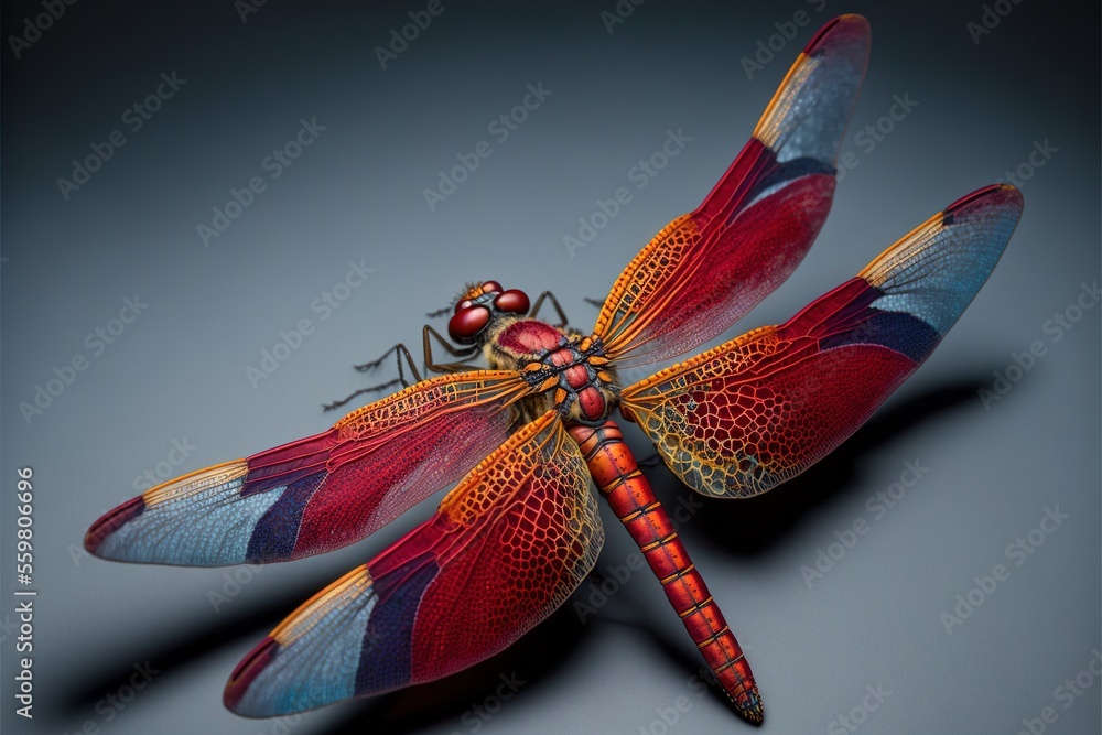 Poster a dragonfly with a red, blue, and yellow stripe on its wings and legs, sitting on a gray surface wit