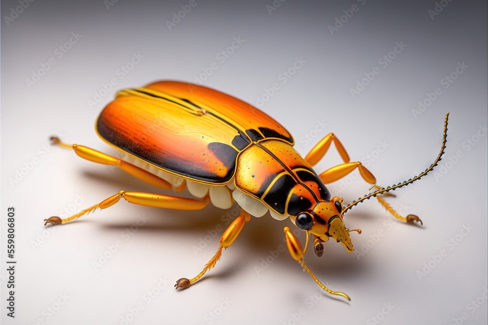 Poster a close up of a bug on a white surface with a gray background and a yellow and black stripe around t