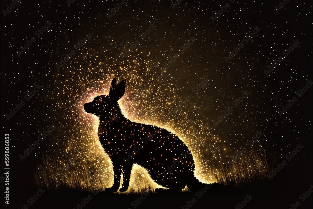 Poster a silhouette of a dog sitting in the grass with a sky full of stars in the background and a black ba