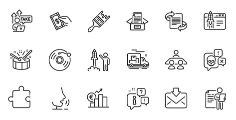 Outline set of Launch project, Start business and Incoming mail line icons for web application. Talk, information, delivery truck outline icon. Vector