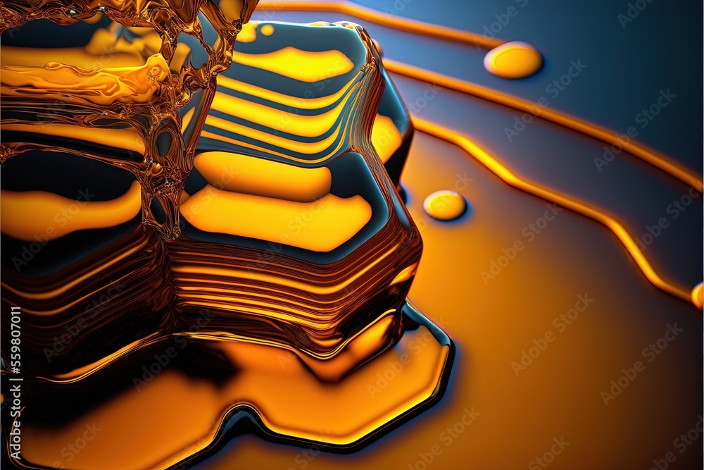 Poster a group of yellow and blue objects on a table top with liquid flowing around them and a blue backgro