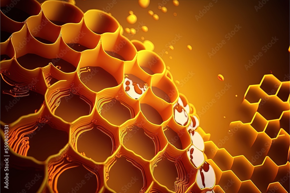 Poster a bunch of honeycombs with a lot of honey in them on a yellow background with a black border around 
