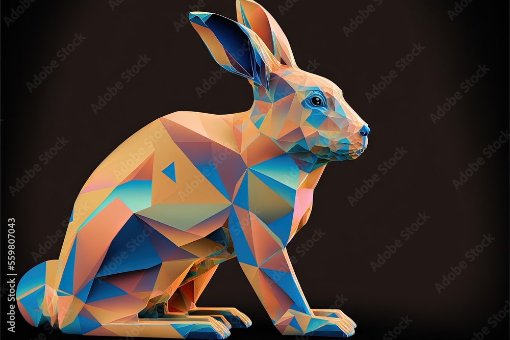 Poster a rabbit made of triangles sitting on a black background with a black background behind it and a bla