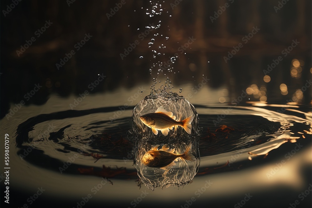 Poster a group of goldfish swimming in a bowl of water with bubbles coming out of it's sides and a dark bac