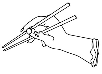 Hand with chopsticks. Empty bamboo chopsticks. Female hand. Vector isolated template. White background

