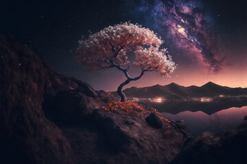 Pink blossom bloom tree, Glow bokeh background. Generative AI.