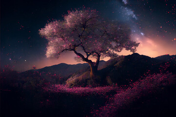 Pink blossom bloom tree, Glow bokeh background. Generative AI.