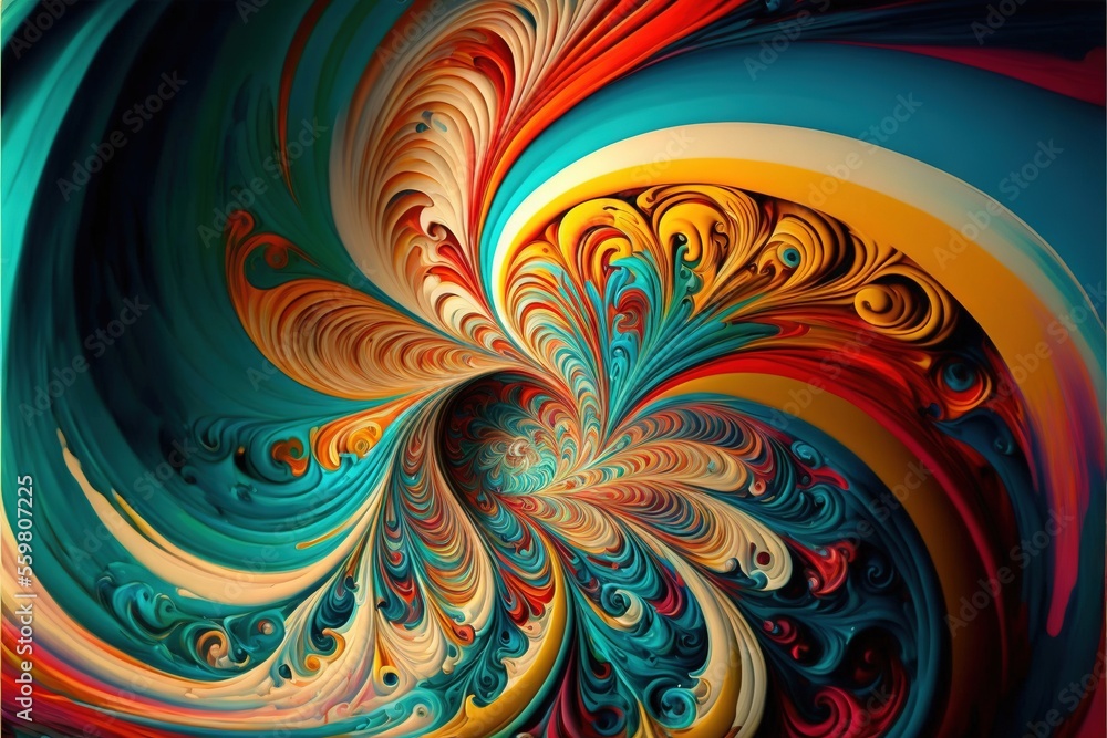 Poster a colorful abstract painting with a spiral design in blue, yellow, and red colors with a white cente